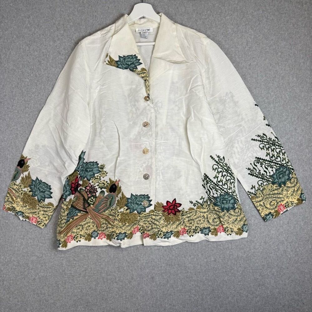 Citron Santa Monica Women's 1X White Embroidered Button Down Shirt Silk Linen
